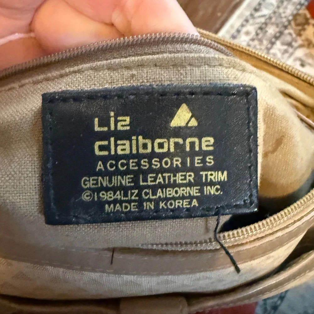 Vintage 1984 Liz Claiborne Crossbody Bag - Tan Triangle Print - Leather Trim